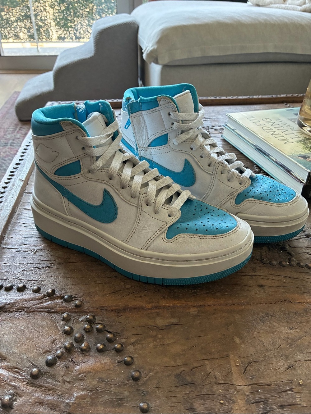 Nike Jordan High-Top Platform Sneakers in White & Teal(ish)